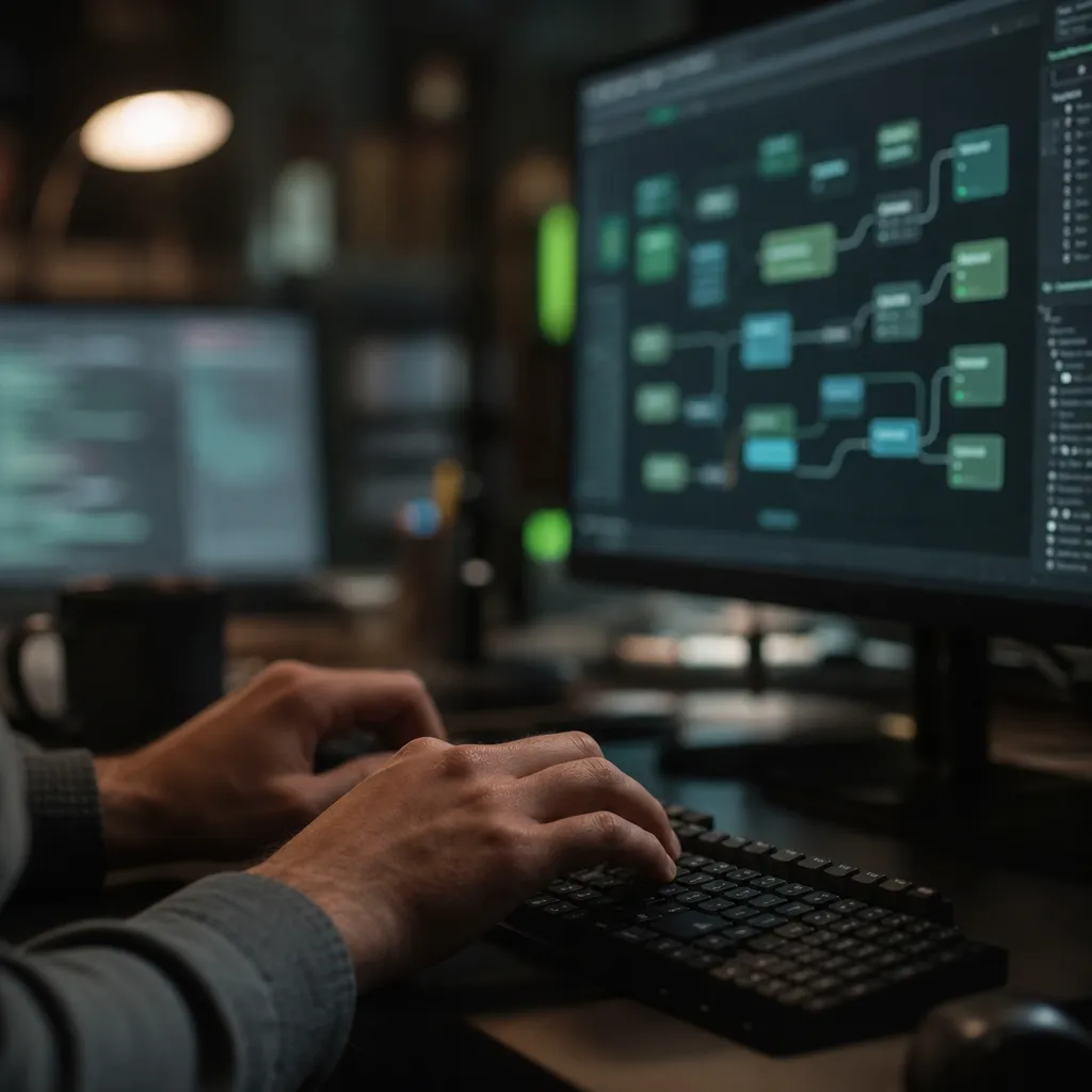 Écran affichant un flux de travail en nœuds connectés, mains sur le clavier