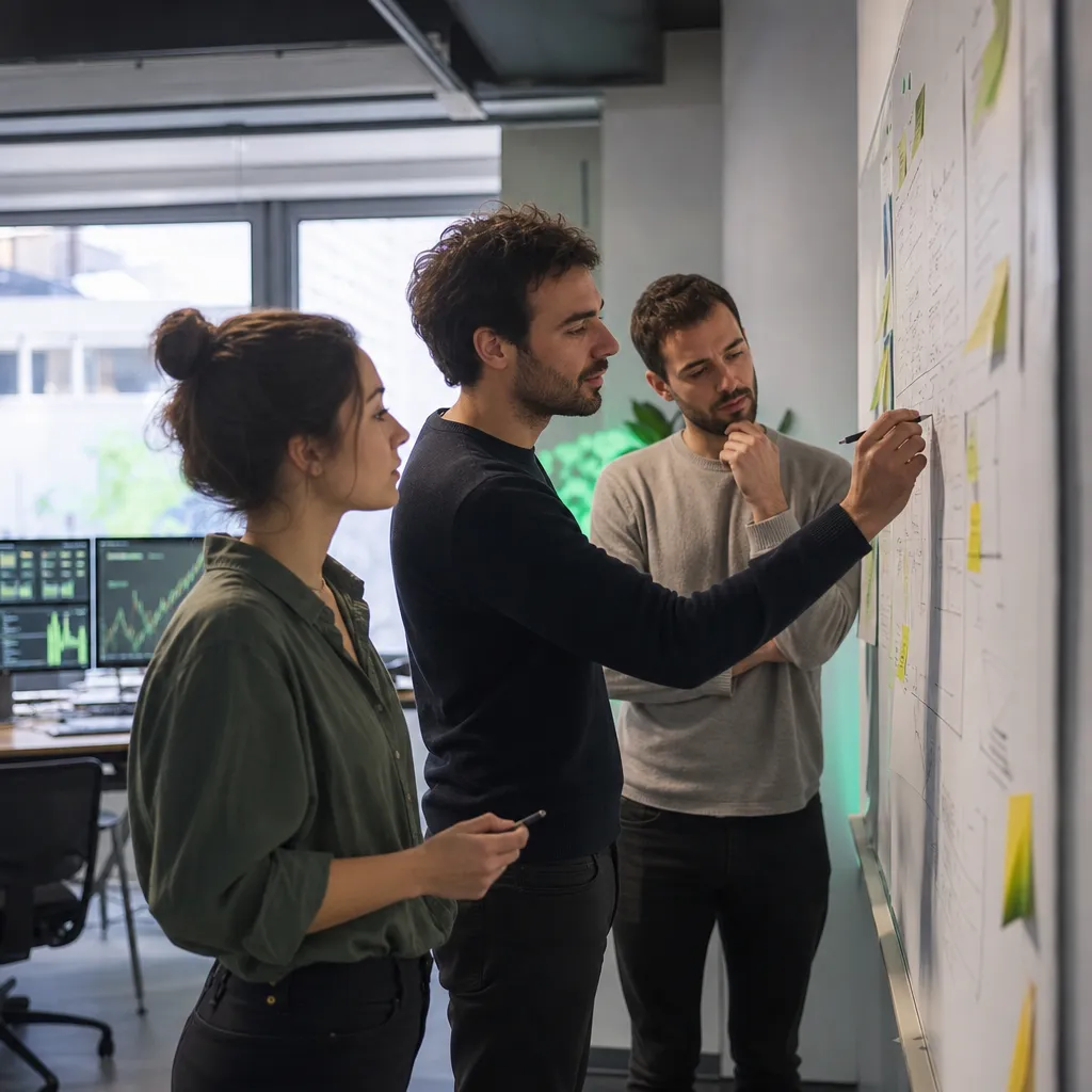 Trois personnes travaillant devant un tableau blanc couvert de schémas